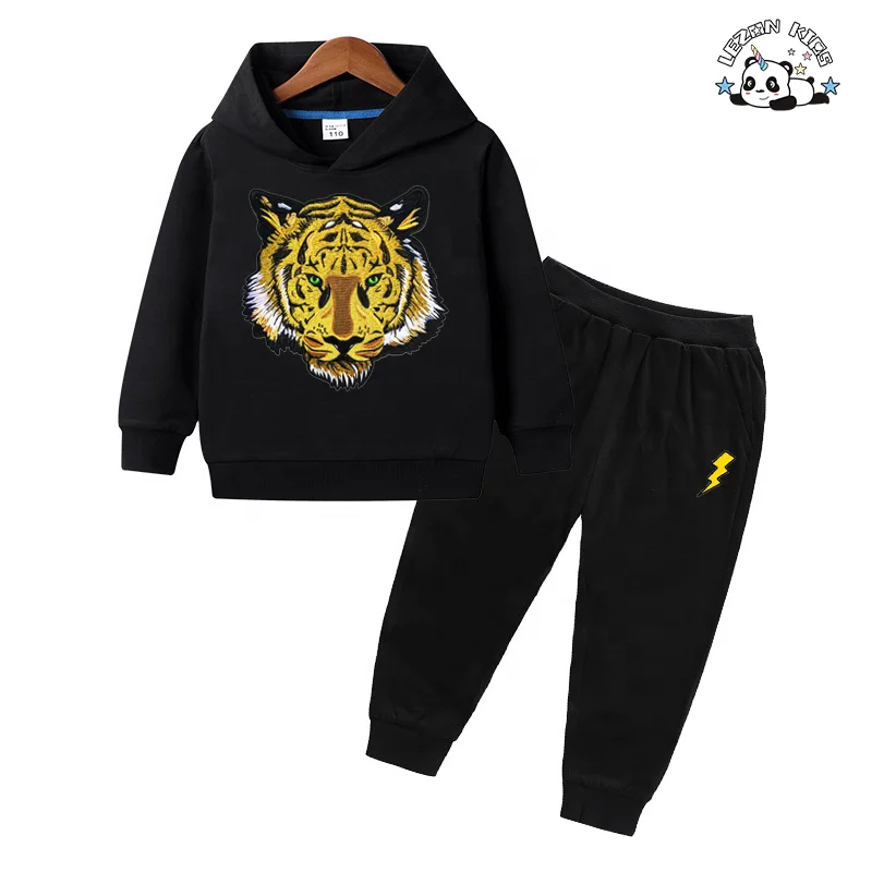 Wholesale 100% Cotton Kids Hooded Jogging Sweatpants Set Short Sleeve Boy Clothes With Pattern Sweatshirt