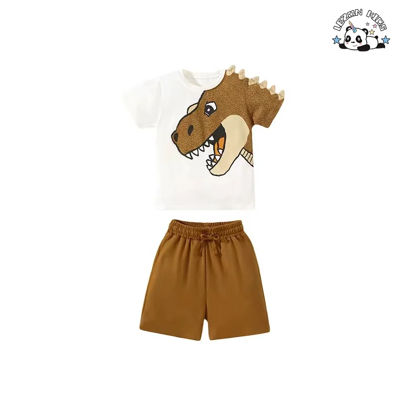 Wholesale Customization 100% cotton printed cool dinosaurs 2pcs outfits boys clothing sets