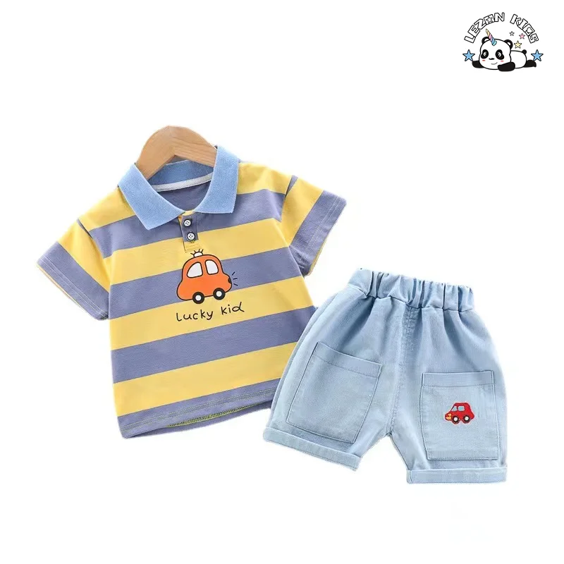 Wholesale High Quality Car and Letter Pattern Printing Cute 100% Cotton 2pcs Boys Clothing Sets