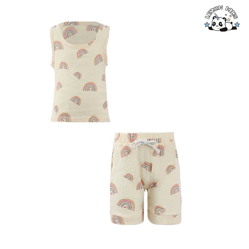 100% Cotton Denim Crop Top Ruffles Rainbow Printed Shorts Set Girls Clothing Sets for 2-14 Years