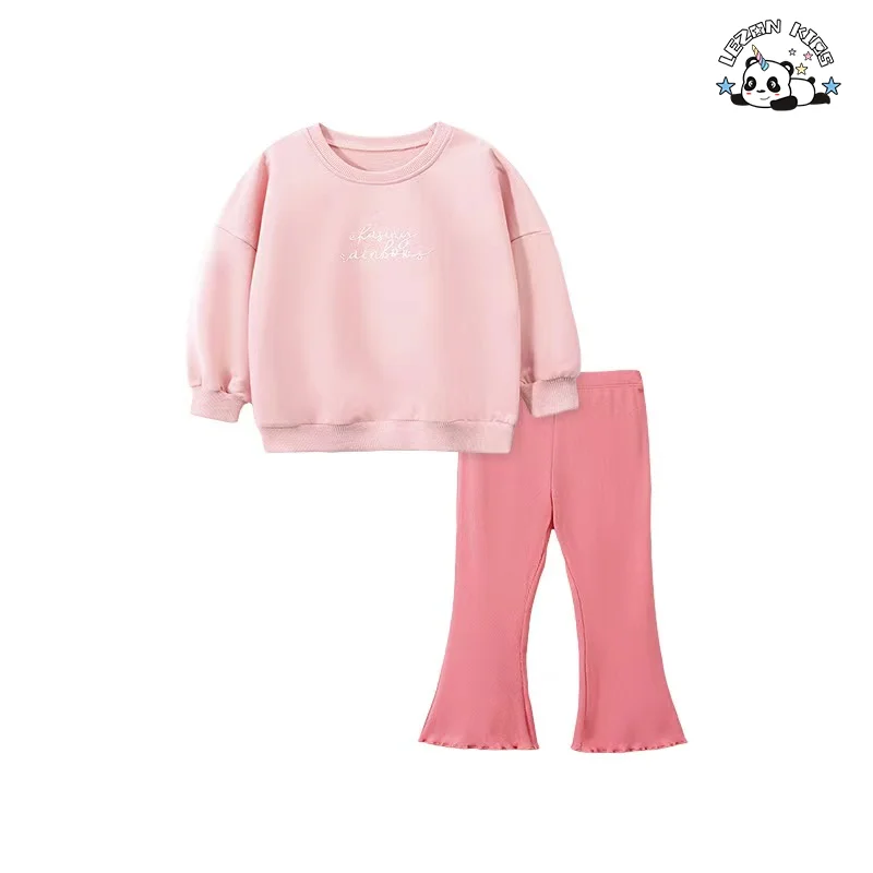 Customizable Hot Sale Spring 100% Cotton Casual Long Sleeve Letter Print Girls Clothing Sets for 2 to 14 Years Old